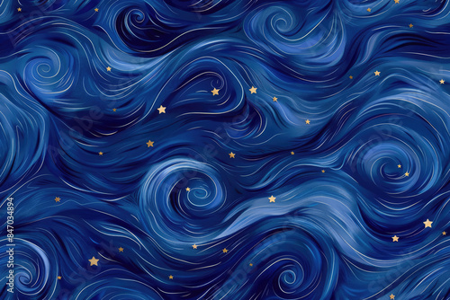 A whimsical pattern of swirling night sky clouds with twinkling stars, in the style of Van Gogh's Starry Night. Created with Ai