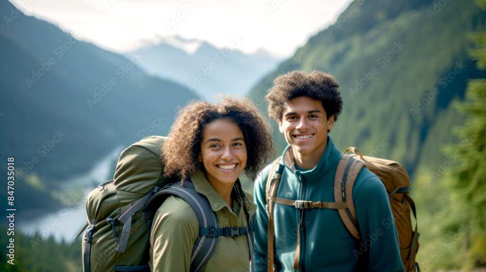 Smiling POC couple hiking with backpacks in mountains on sunny day Smiling POC couple hiking with backpacks in mountains on sunny day