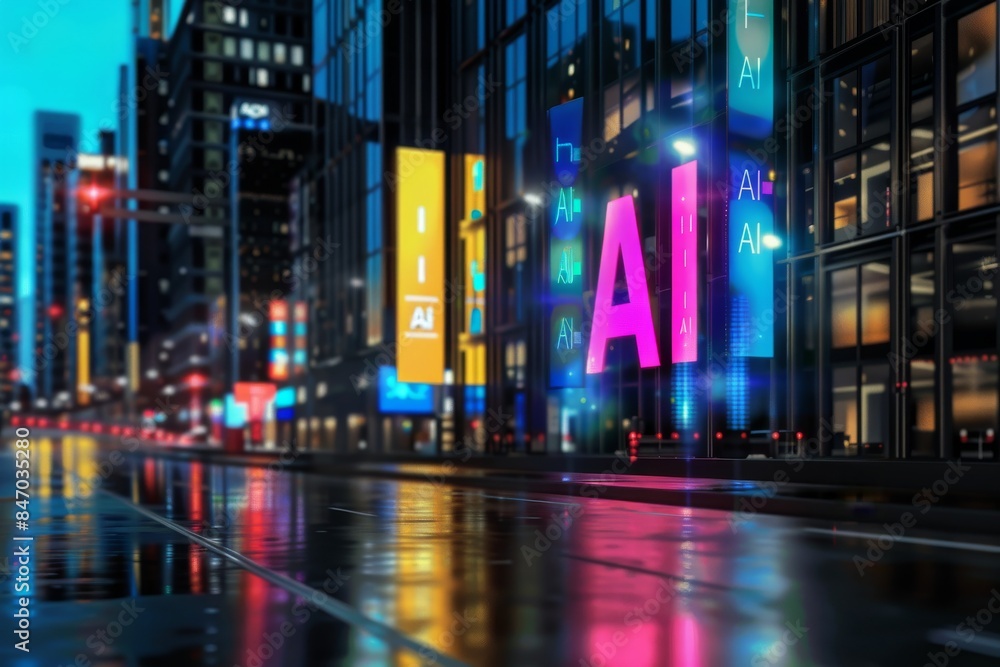 Neon AI signs in a futuristic cityscape, representing the integration of artificial intelligence in urban environments