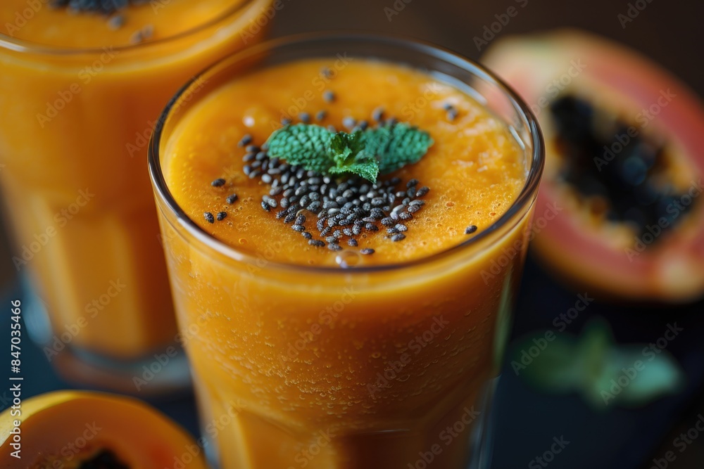 Two glasses filled with orange juice on a table Two glasses filled with orange juice on a table