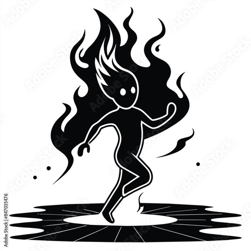 A black and white illustration of a flame being running on a circular platform with a starburst pattern. Generative AI
