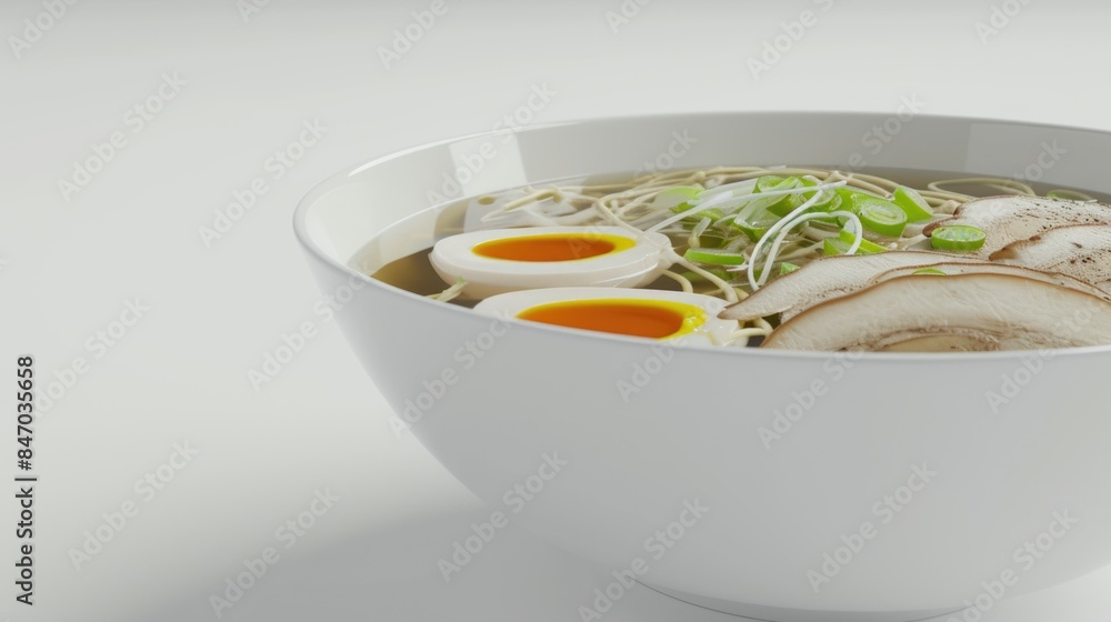 A warm and comforting bowl of noodle soup filled with sauced mushrooms and scrambled eggs A warm and comforting bowl of noodle soup filled with sauced mushrooms and scrambled eggs
