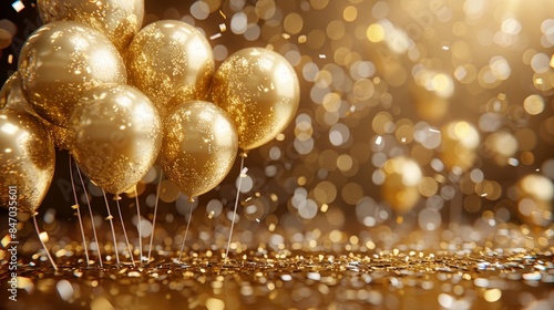 Golden balloons and confetti on bokeh background   3d render with golden elements