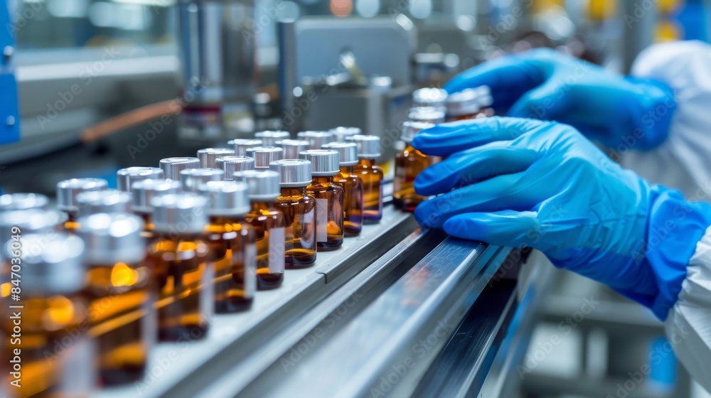 custom made wallpaper toronto digitalPharmacist scientist with sanitary gloves examining medical vials on production line conveyor belt in pharmaceutical, healthcare factory manufacturing prescription drugs, medication mass production
