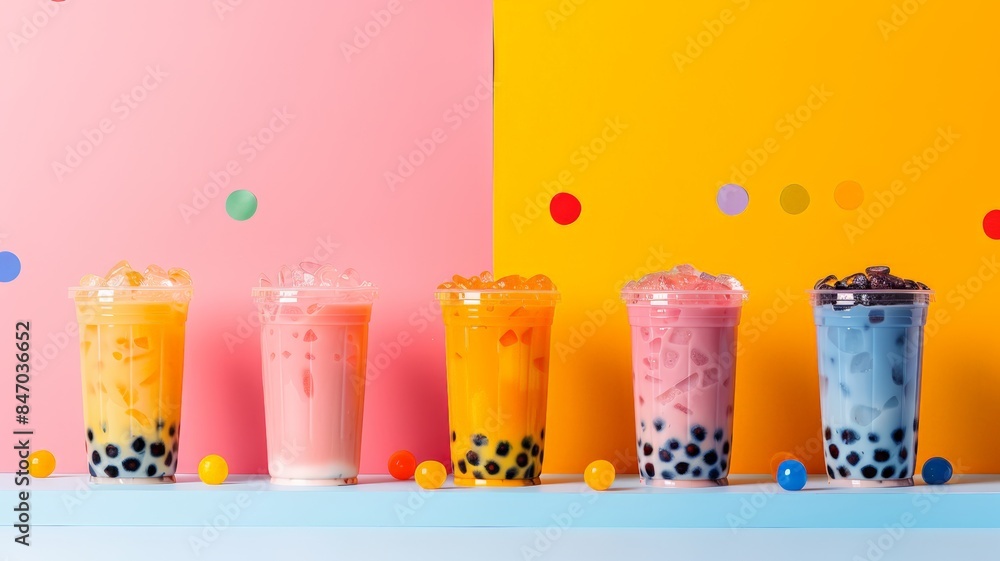 Fototapeta premium Colorful Bubble Tea Drinks on a Pastel Background with Confetti