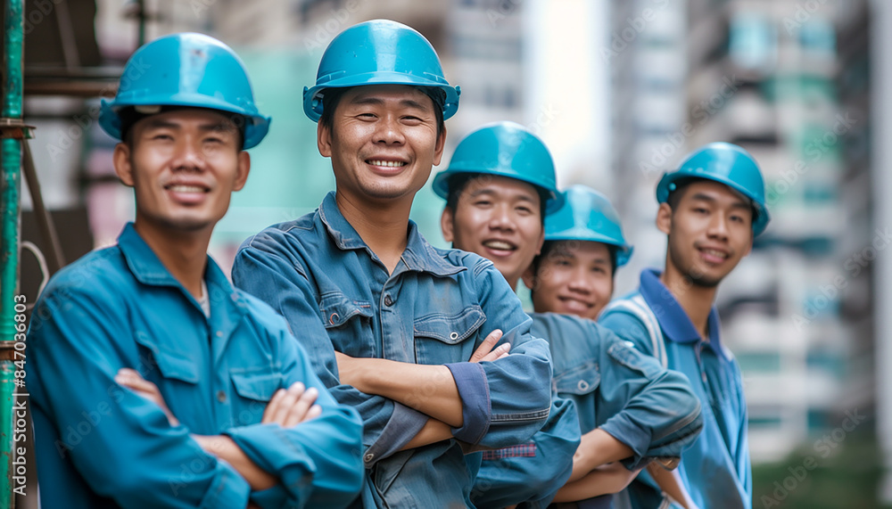Group of asian construction workers smiling on building site Group of asian construction workers smiling on building site
