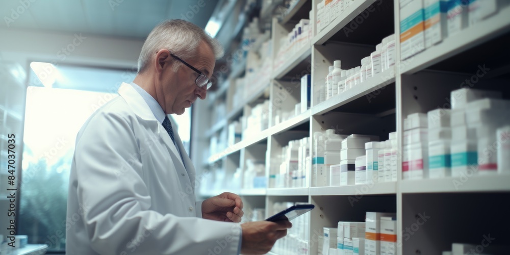 A person in a white lab coat looking at their mobile device, possibly checking messages or reviewing data A person in a white lab coat looking at their mobile device, possibly checking messages or reviewing data