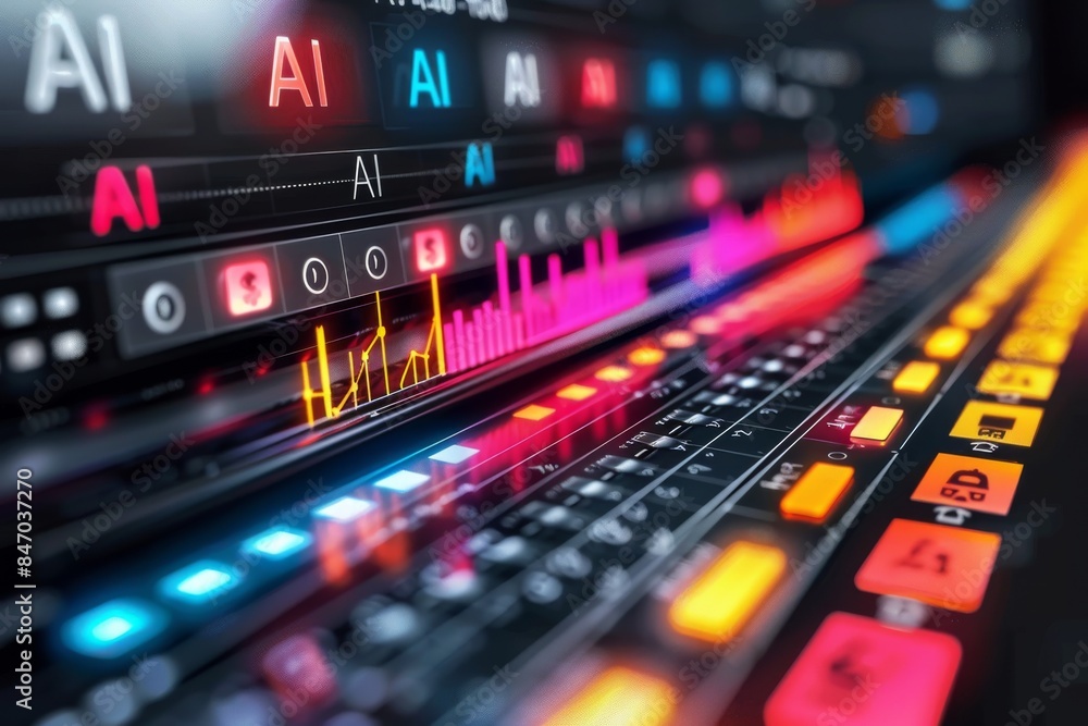 Naklejka premium AI control panel with vibrant graphics, representing the interface of advanced artificial intelligence systems