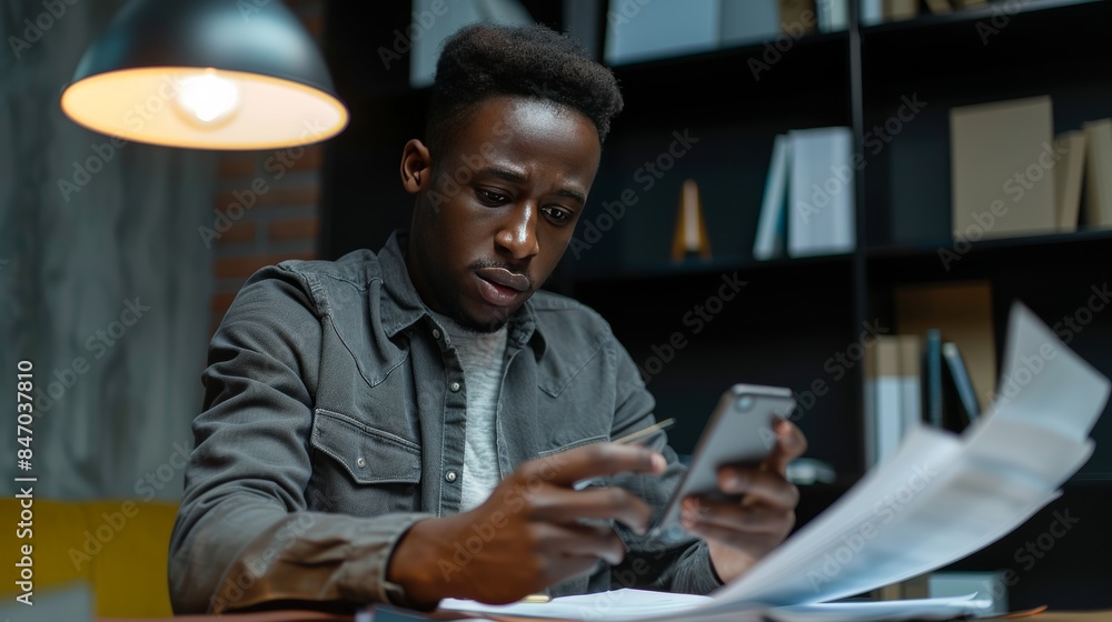 African American man using his mobile phone to review a document before a presentation, African American man using his mobile phone to review a document before a presentation,