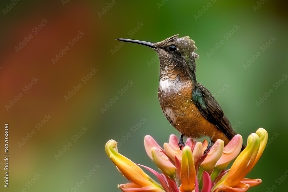 Obraz premium Hummingbird Macro Photography: Bird with Open Beak on Flower Perch