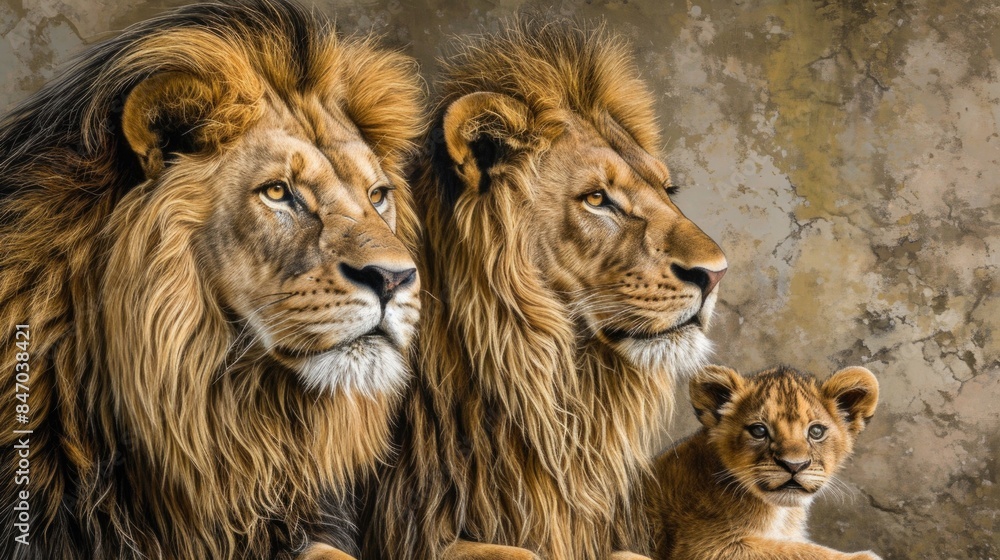 A portrait of two adult lions sitting next to their young one, showcasing the bond between the mother, father, and child A portrait of two adult lions sitting next to their young one, showcasing the bond between the mother, father, and child