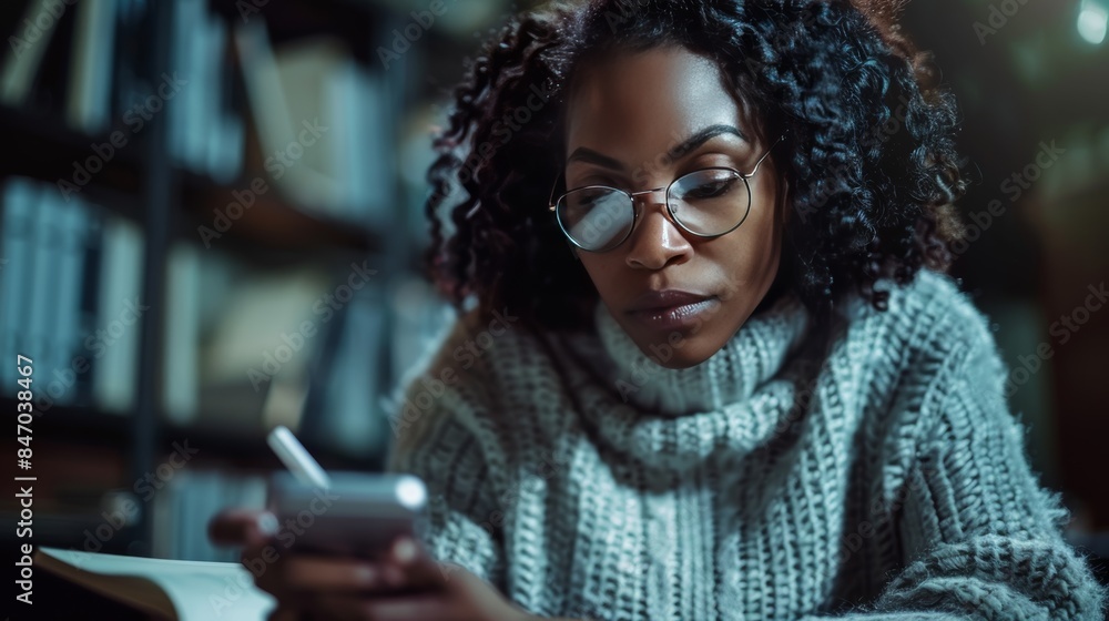 African American woman using her mobile phone to take notes during a meeting African American woman using her mobile phone to take notes during a meeting