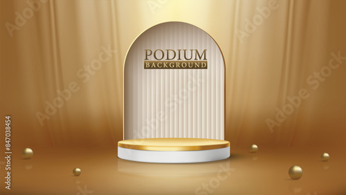elegant gold podium background with a sophisticated design, including a 3D platform and vertical lines.presentations, this background exudes luxury and refinement.