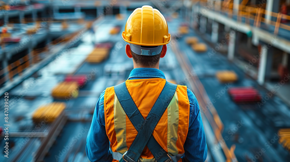 A worker in a yellow safety gear hard hat Labour Day Concept A worker in a yellow safety gear hard hat Labour Day Concept