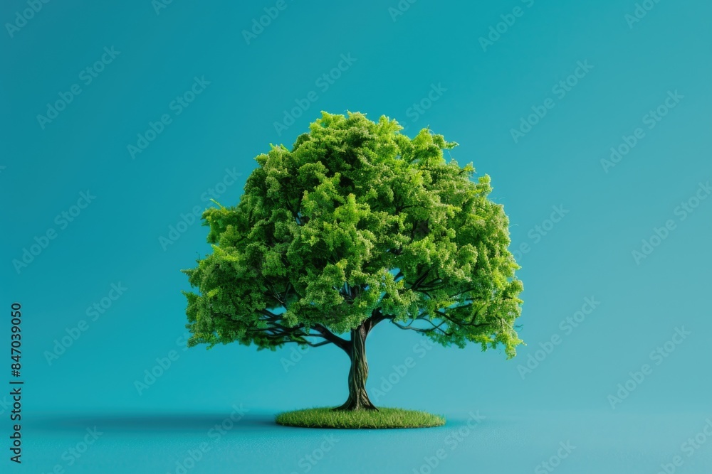 A solo tree with lush green foliage on a bright blue background, ideal for environmental or nature-themed designs A solo tree with lush green foliage on a bright blue background, ideal for environmental or nature-themed designs