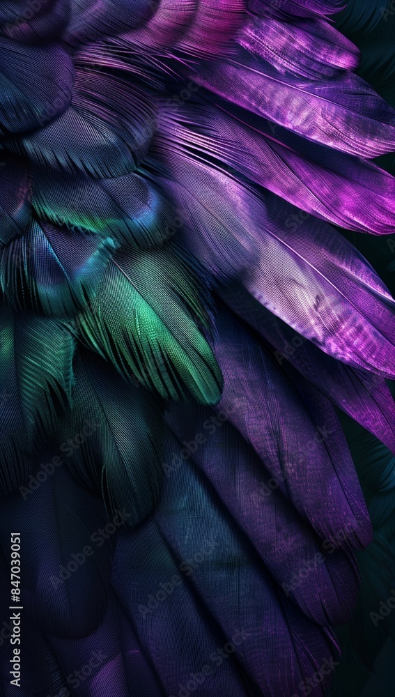Obraz premium Abstract close-up of vibrant purple and green feathers in a detailed pattern