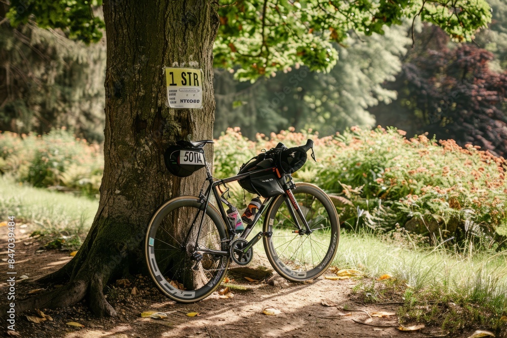 Fototapeta premium Triathlete's Bike Resting Against Tree with Race Number in Picturesque Park Setting