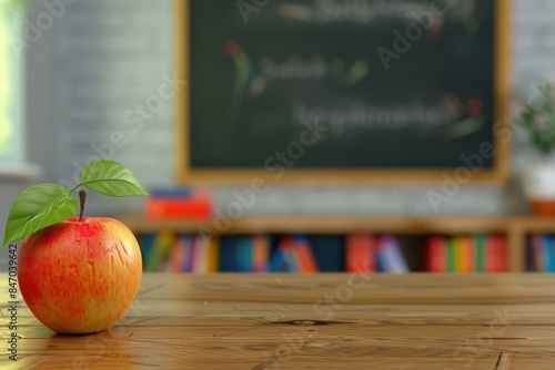 A ripe apple sits on a wooden desk, with a blurred chalkboard and books in the background