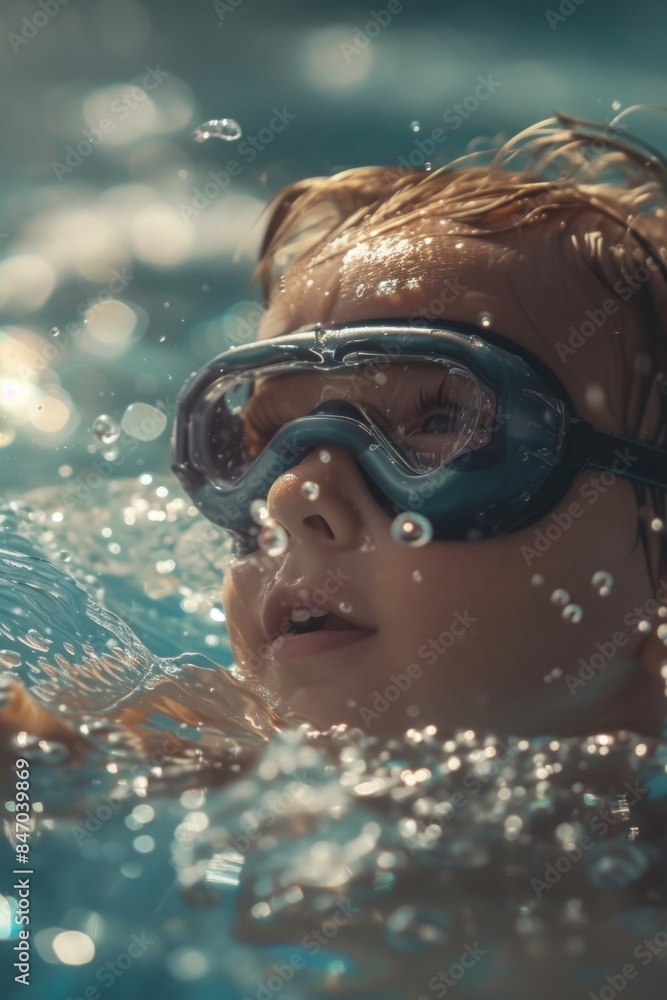 Naklejka premium A young boy is swimming in a pool while wearing goggles, great for use in photography projects or as a visual aid