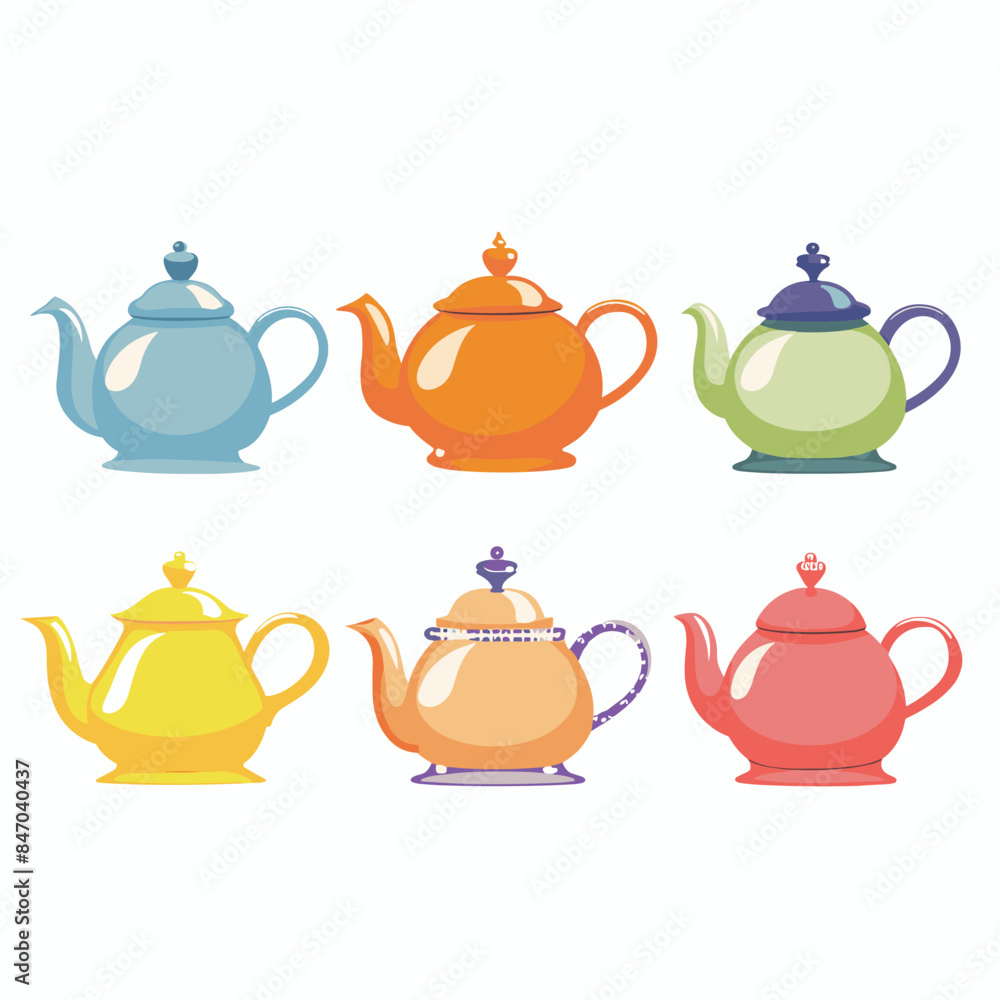 Six colorful teapots, unique design handles, isolated white background. Ceramic glass teapots various pastel shades blue, orange, green, yellow, purple, red. Kitchenware collection, flat design Six colorful teapots, unique design handles, isolated white background. Ceramic glass teapots various pastel shades blue, orange, green, yellow, purple, red. Kitchenware collection, flat design