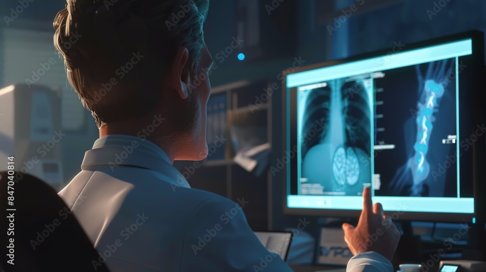 A close-up of a doctor explaining an X-ray of blocked arteries to a patient, set in a modern medical office A close-up of a doctor explaining an X-ray of blocked arteries to a patient, set in a modern medical office
