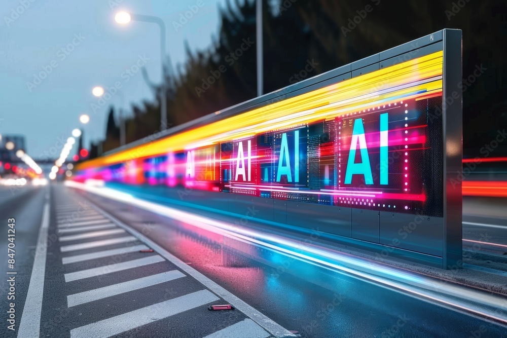 AI neon signs on a digital billboard, symbolizing the integration of artificial intelligence in urban advertising AI neon signs on a digital billboard, symbolizing the integration of artificial intelligence in urban advertising
