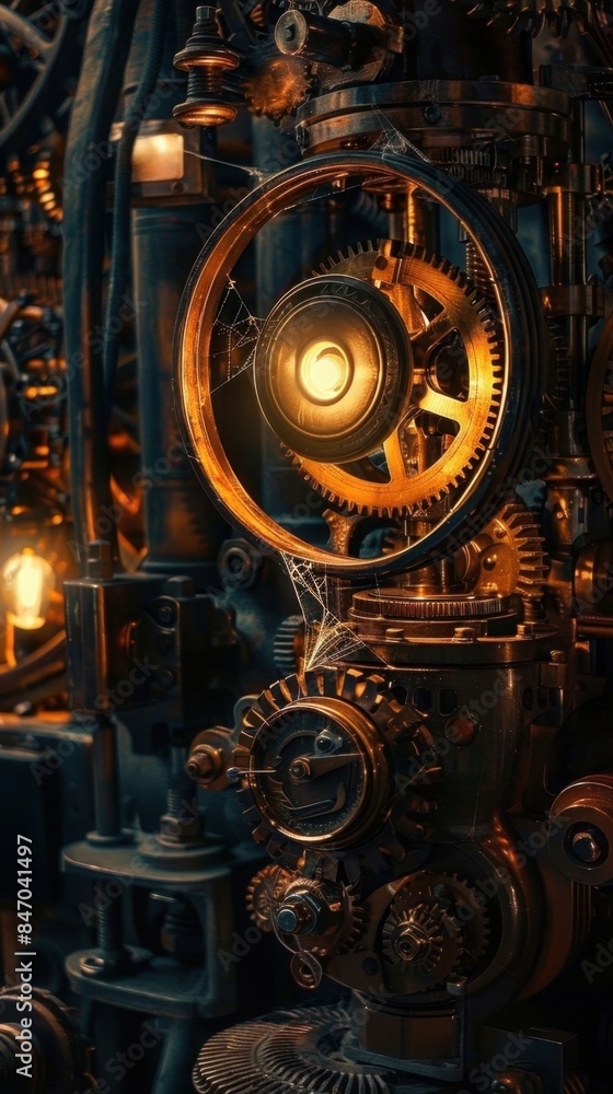 Steampunk Gear Mechanism With Cobwebs. A detailed close up of intricate gears and cogs in a steampunk machine, adorned with cobwebs, illuminated by warm light. Steampunk Gear Mechanism With Cobwebs. A detailed close up of intricate gears and cogs in a steampunk machine, adorned with cobwebs, illuminated by warm light.