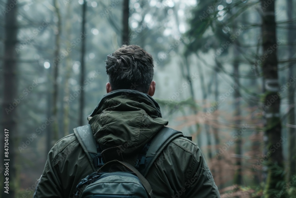Obraz premium Lone adventurer wearing a backpack gazes into the foggy woodland, embodying a sense of wanderlust and discovery