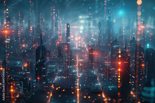 Futuristic Cityscape with Glowing Fiber Optic Cables Representing High Speed Internet Network Connectivity © spyrakot