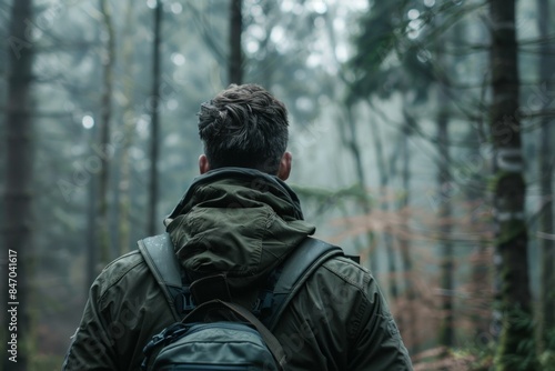 Lone adventurer wearing a backpack gazes into the foggy woodland, embodying a sense of wanderlust and discovery