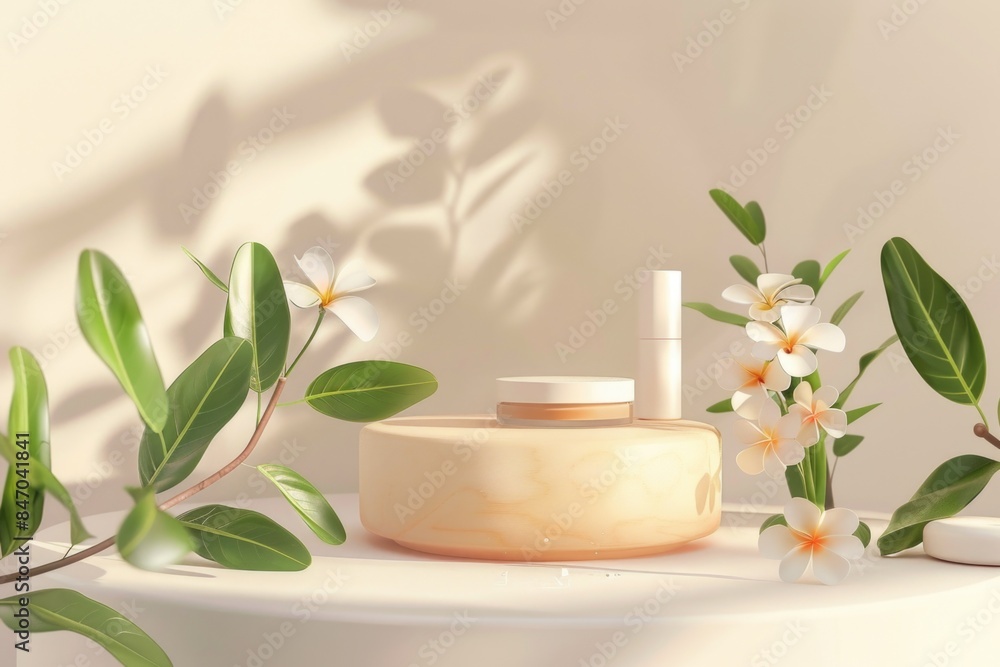 Minimalist Botanical Skincare Product Display with Cream Container and Flowers - Design for Print, Card, Poster Minimalist Botanical Skincare Product Display with Cream Container and Flowers - Design for Print, Card, Poster