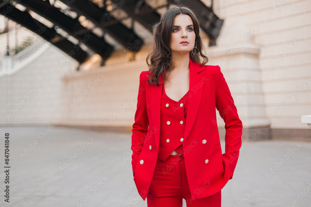 beautiful sexy rich business style woman in red suit walking in city street, spring summer fashion trend beautiful sexy rich business style woman in red suit walking in city street, spring summer fashion trend
