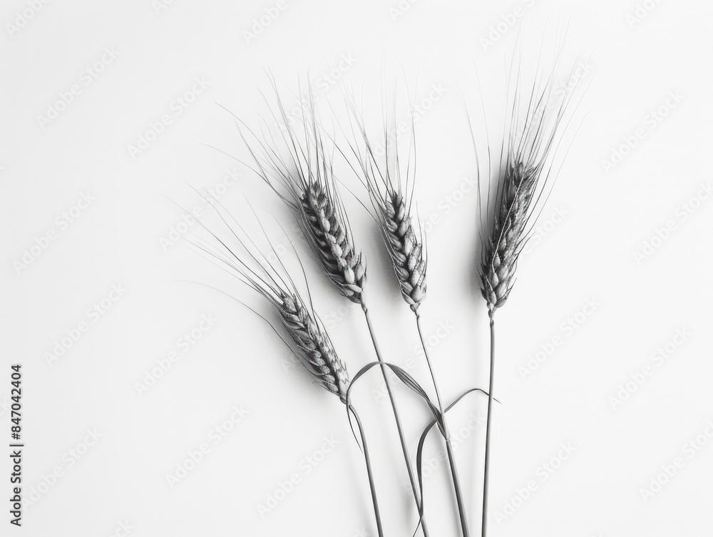 A close-up view of three stalks of wheat placed on a white surface A close-up view of three stalks of wheat placed on a white surface