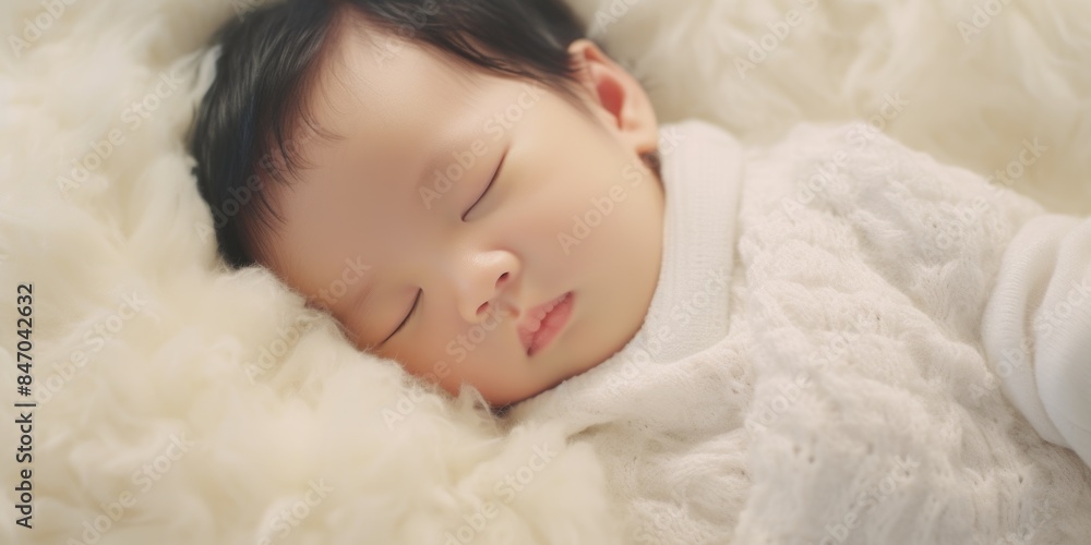 A close-up shot of a baby peacefully sleeping on a soft and white blanket, great for use in family or baby-related contexts A close-up shot of a baby peacefully sleeping on a soft and white blanket, great for use in family or baby-related contexts
