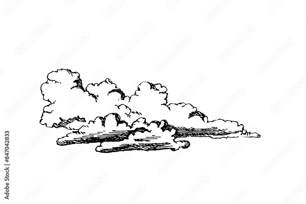 Obraz premium Set of clouds in hand drawn vintage retro style isolated on white background. Cartoon design elements. Vector illustration.