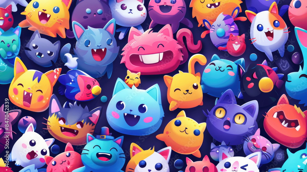 A vibrant and playful pattern featuring numerous cartoon cats in various colors, expressions, and poses against a dark blue background A vibrant and playful pattern featuring numerous cartoon cats in various colors, expressions, and poses against a dark blue background