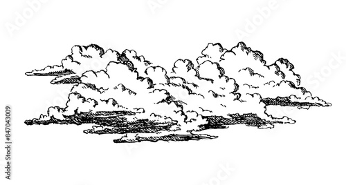 Set of clouds in hand drawn vintage retro style isolated on white background. Cartoon design elements. Vector illustration.