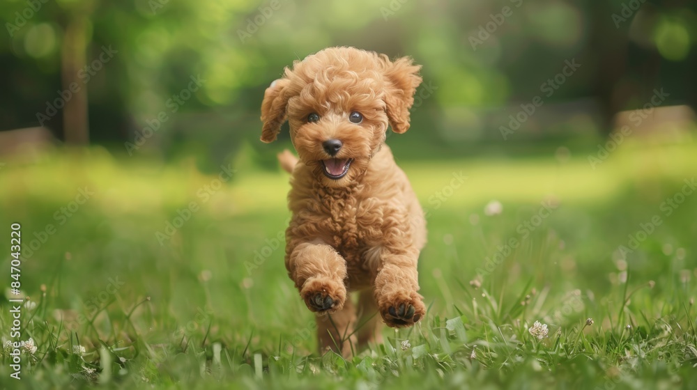 a cute Toy Poodle puppy playing fetch in a park a cute Toy Poodle puppy playing fetch in a park