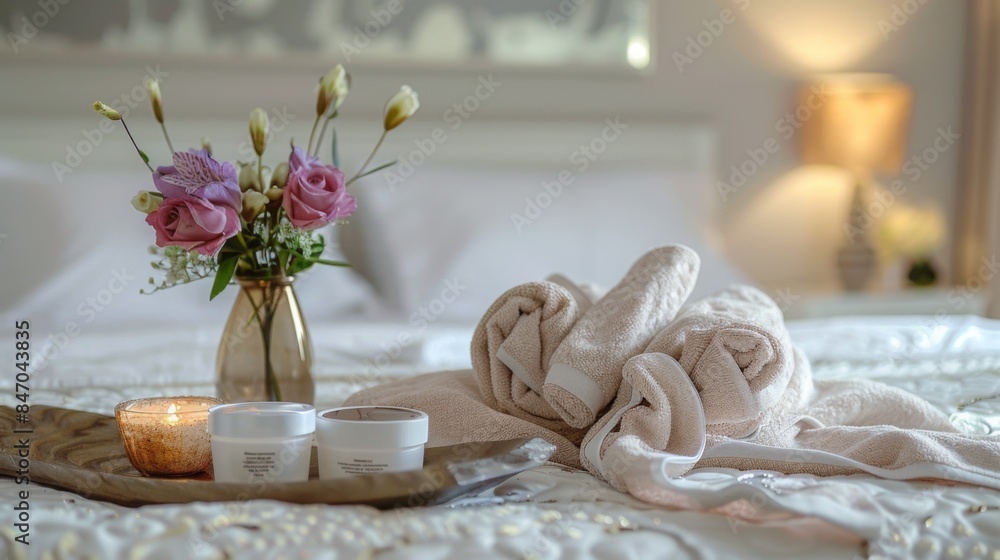A white bed with a stack of neatly folded towels, a vase of pink and purple flowers, and candles. A white bed with a stack of neatly folded towels, a vase of pink and purple flowers, and candles.