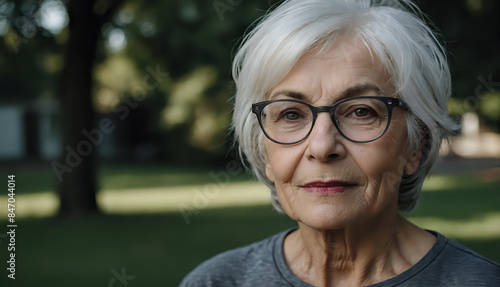 Elen, a 65 year old woman, white hair, grey eyes, glasses, wearing a grey t-shirt.
