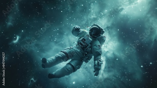 A man astronau in a spacesuit is floating in space