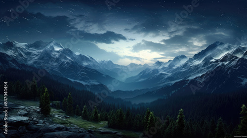Mountain forest landscape at night with starry sky natural background © Top AI images