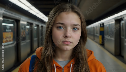 Erica, a 15 year old girl, caucasian, brown hair, blue eyes, wearing an orange hoodie. © David