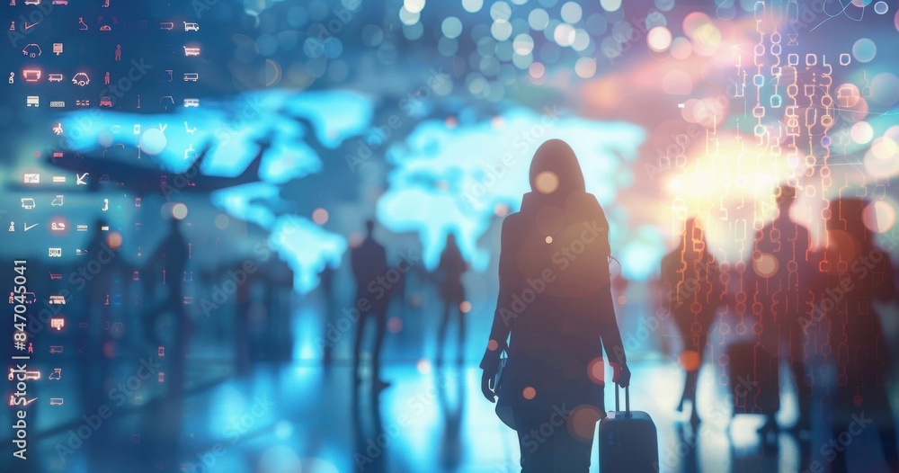 Obraz premium A woman walks through a bustling crowd, her figure silhouetted against a backdrop of glowing lights and abstract digital patterns