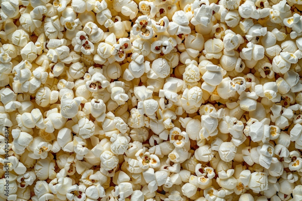 Close up of a delicious and fluffy overflowing popcorn background, perfect for movie theater entertainment and leisure time snacks Close up of a delicious and fluffy overflowing popcorn background, perfect for movie theater entertainment and leisure time snacks