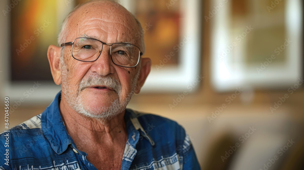 A close-up portrait of an elderly man wearing glasses and a blue plaid shirt. He is looking directly at the camera with a serious expression A close-up portrait of an elderly man wearing glasses and a blue plaid shirt. He is looking directly at the camera with a serious expression