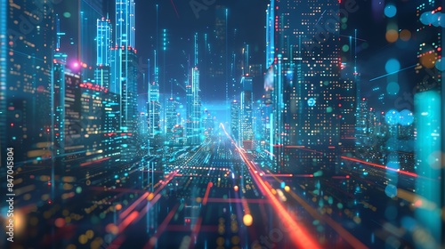 Wallpaper Mural A city skyline transformed into a digital landscape with virtual towers representing secure data centers and cyber defense hubs. Torontodigital.ca