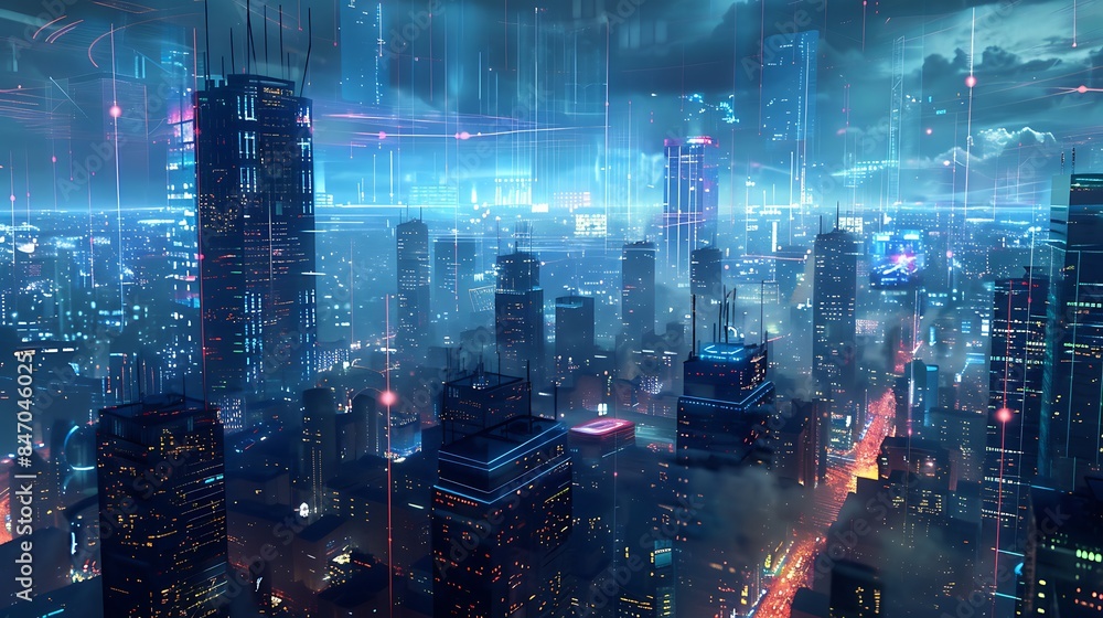 A city skyline transformed into a digital landscape with virtual towers representing secure data centers and cyber defense hubs. A city skyline transformed into a digital landscape with virtual towers representing secure data centers and cyber defense hubs.