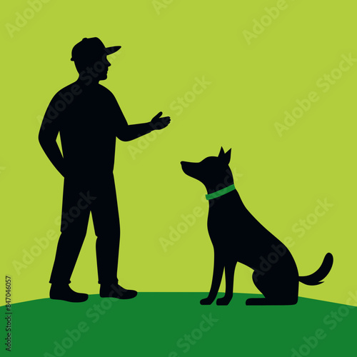 Expert Dog Trainer Guiding Dog on Field - Vector Silhouette