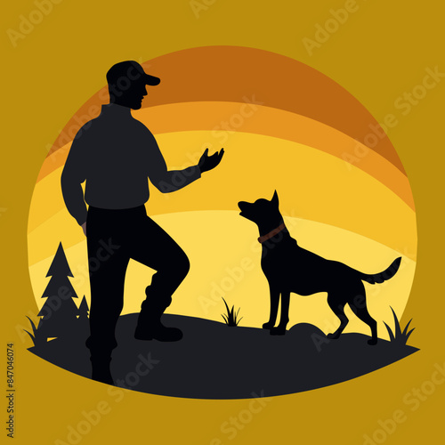 Expert Dog Trainer Guiding Dog on Field - Vector Silhouette